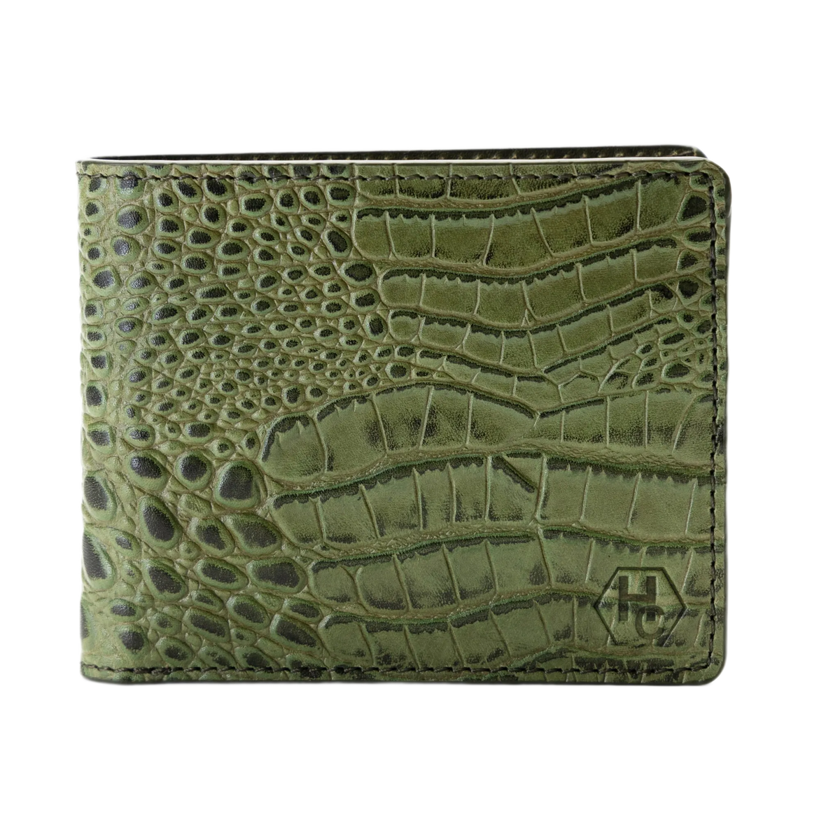 Green bifold wallet with a crocodile-embossed texture and a small debossed logo on the bottom right, shown against a plain white background.
