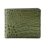 Green bifold wallet with a crocodile-embossed texture and a small debossed logo on the bottom right, shown against a plain white background.
