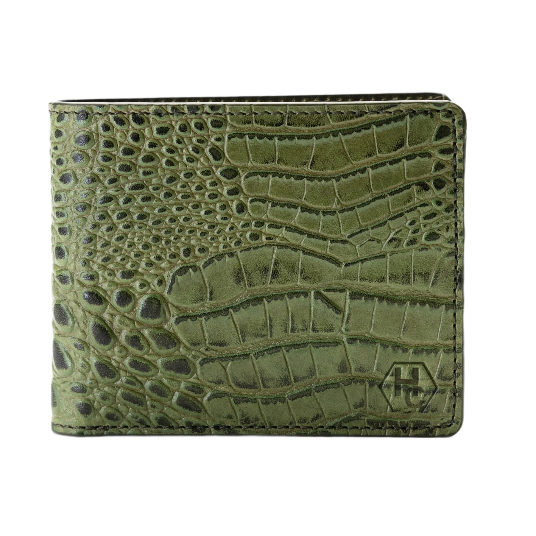 Green bifold wallet with a crocodile-embossed texture and a small debossed logo on the bottom right, shown against a plain white background.