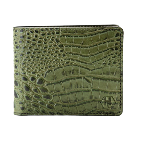 Green bifold wallet with a crocodile-embossed texture and a small debossed logo on the bottom right, shown against a plain white background.