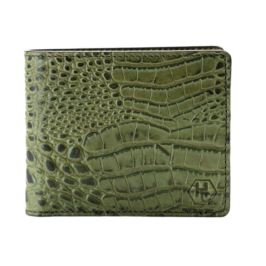 Green bifold wallet with a crocodile-embossed texture and a small debossed logo on the bottom right, shown against a plain white background.