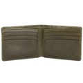 An open bifold wallet made of olive green leather, showing its interior card slots and stitching, with the brand name Hedonist embossed on the lower right.