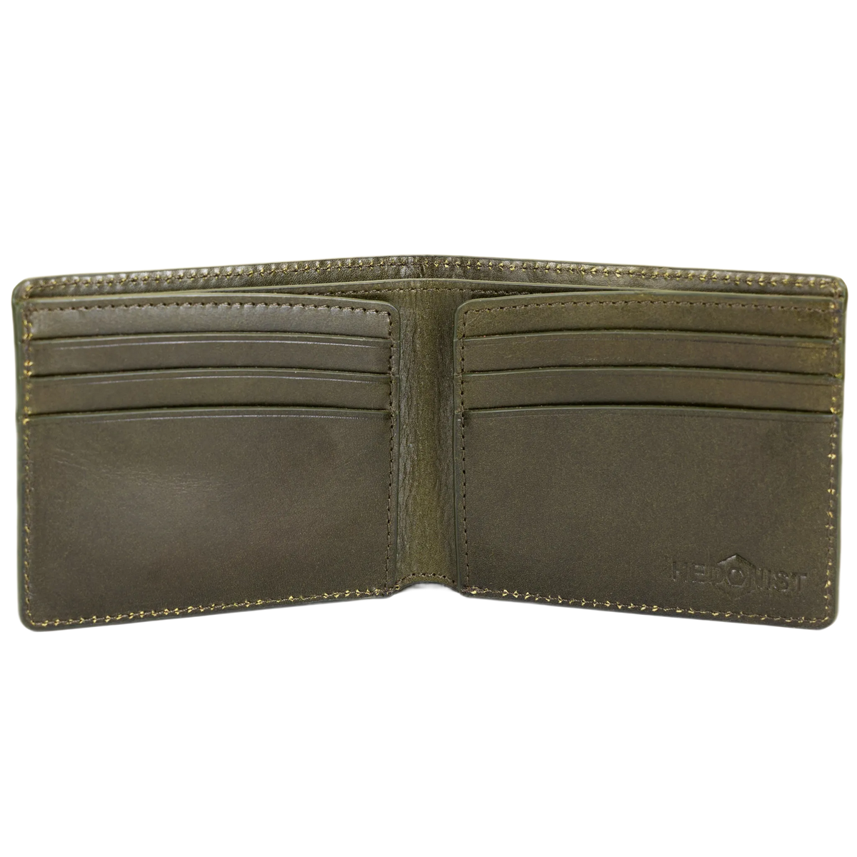 An open bifold wallet made of olive green leather, showing its interior card slots and stitching, with the brand name Hedonist embossed on the lower right.