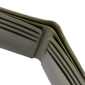 Close-up of green bifold wallet opened to show the interior card slots, stitching, and leather texture against a white background.