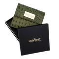 Small green croco-embossed snap wallet for women, presented in branded box