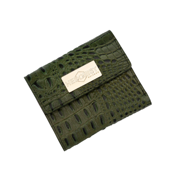 Small green croco-embossed snap wallet for women, snap closure detail