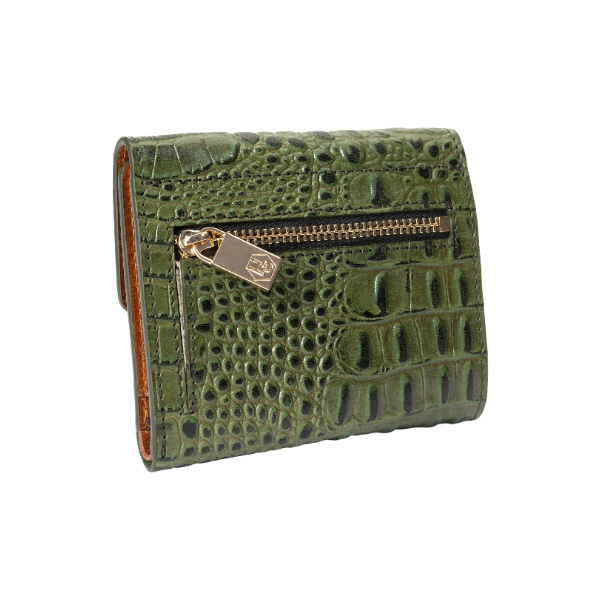 Small green croco-embossed snap wallet for women, zippered coin compartment detail