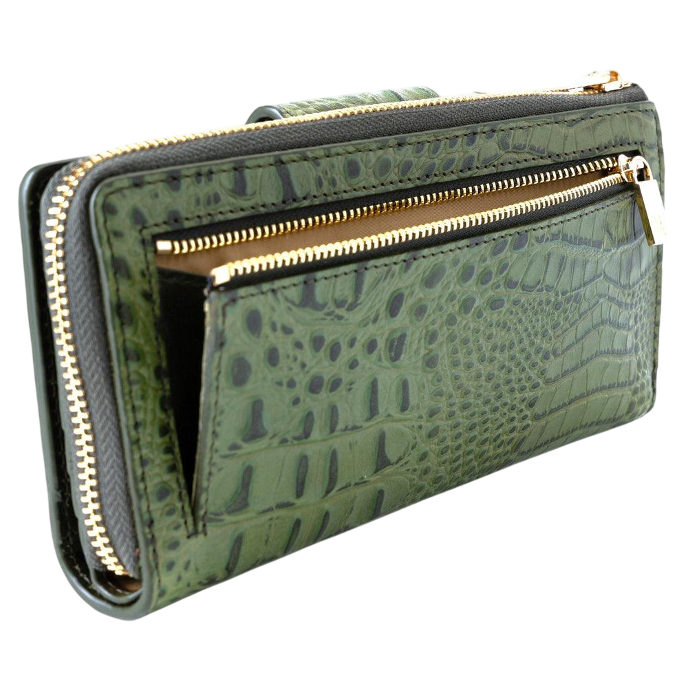 Green croco leather bifold and traveler wallet gift set angled view by Hedonist Chicago