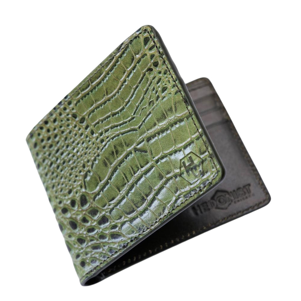 Green croco leather bifold and traveler wallet gift set close-up by Hedonist Chicago
