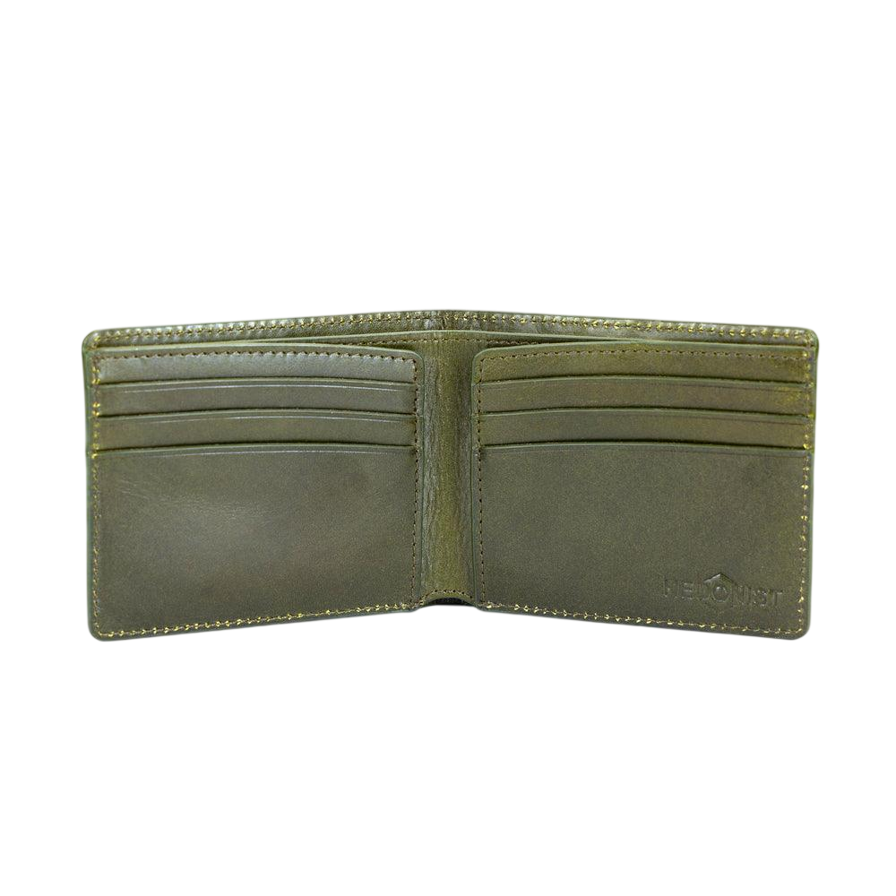 Green croco leather bifold and traveler wallet gift set detail by Hedonist Chicago