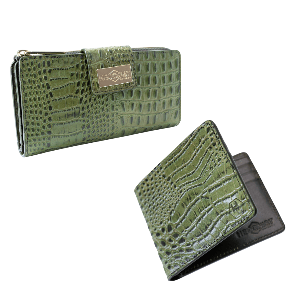Green croco leather bifold and traveler wallet gift set pair by Hedonist Chicago