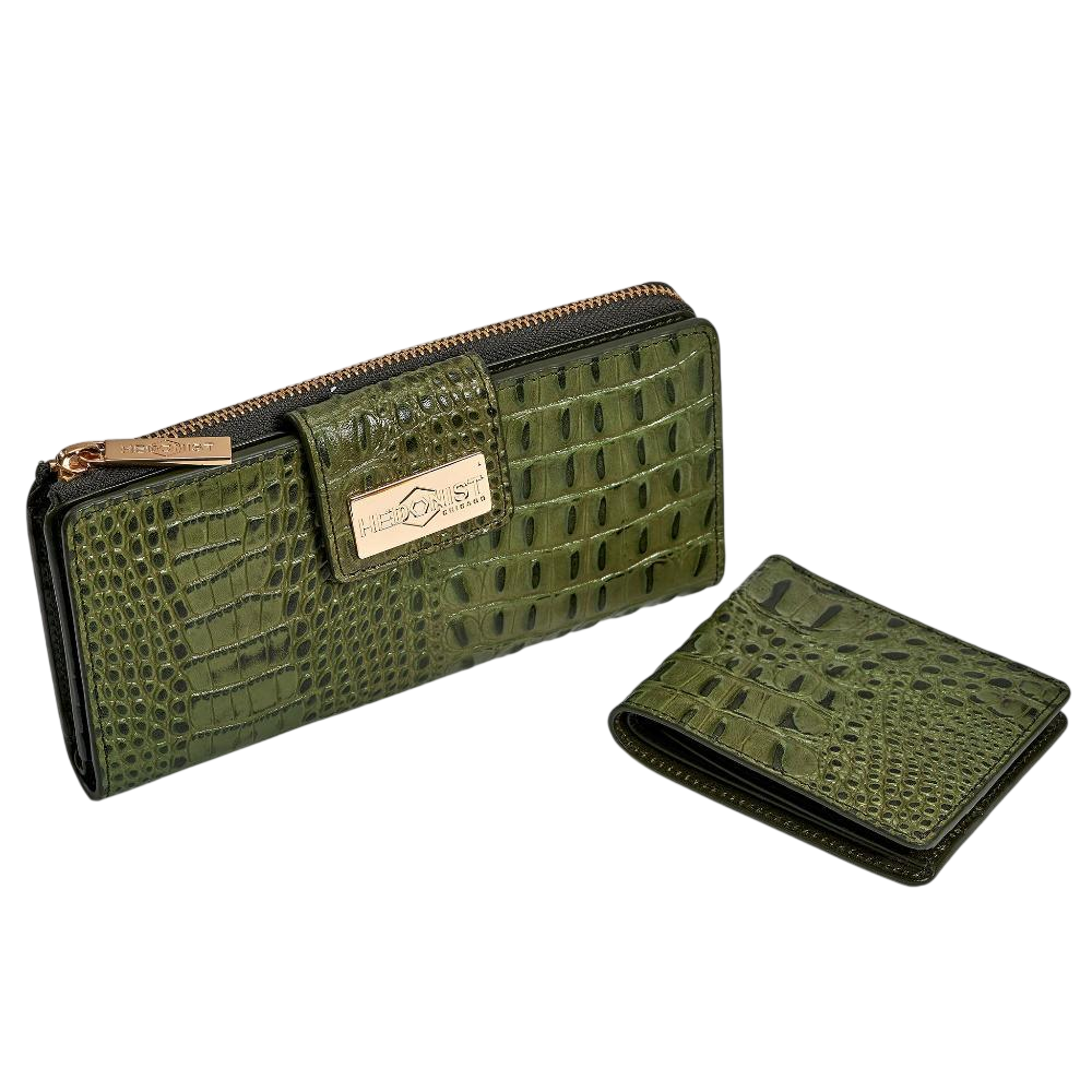 Green croco leather bifold and traveler wallet gift set by Hedonist Chicago