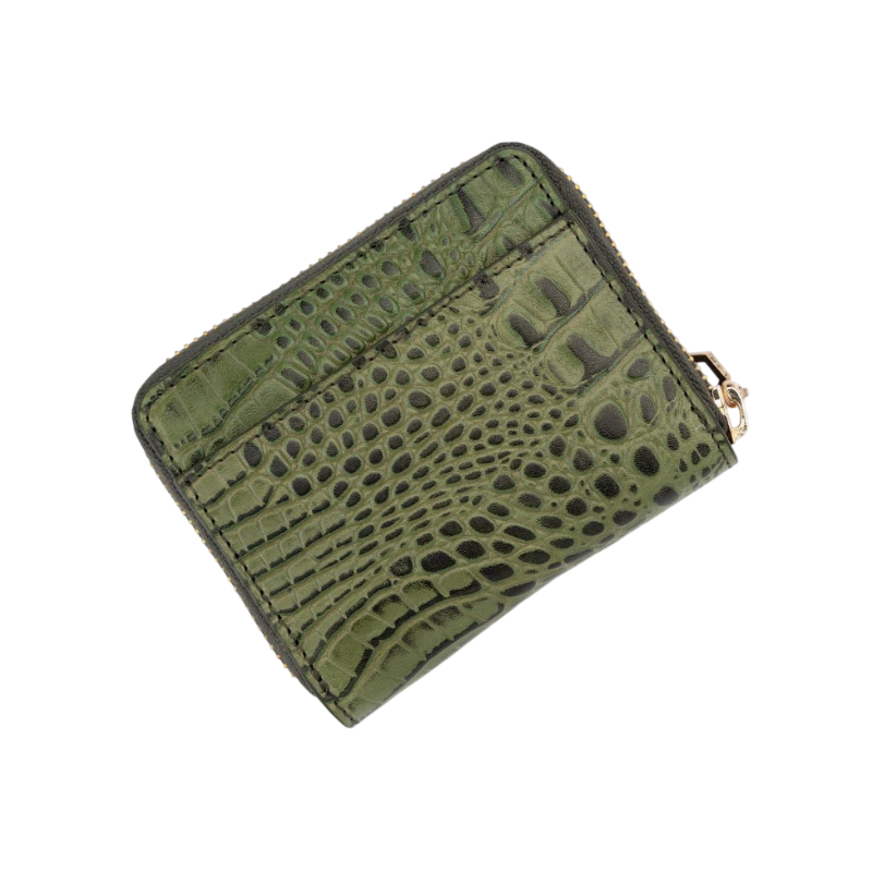 Small green croco-embossed zip wallet for women, back slip pocket detail