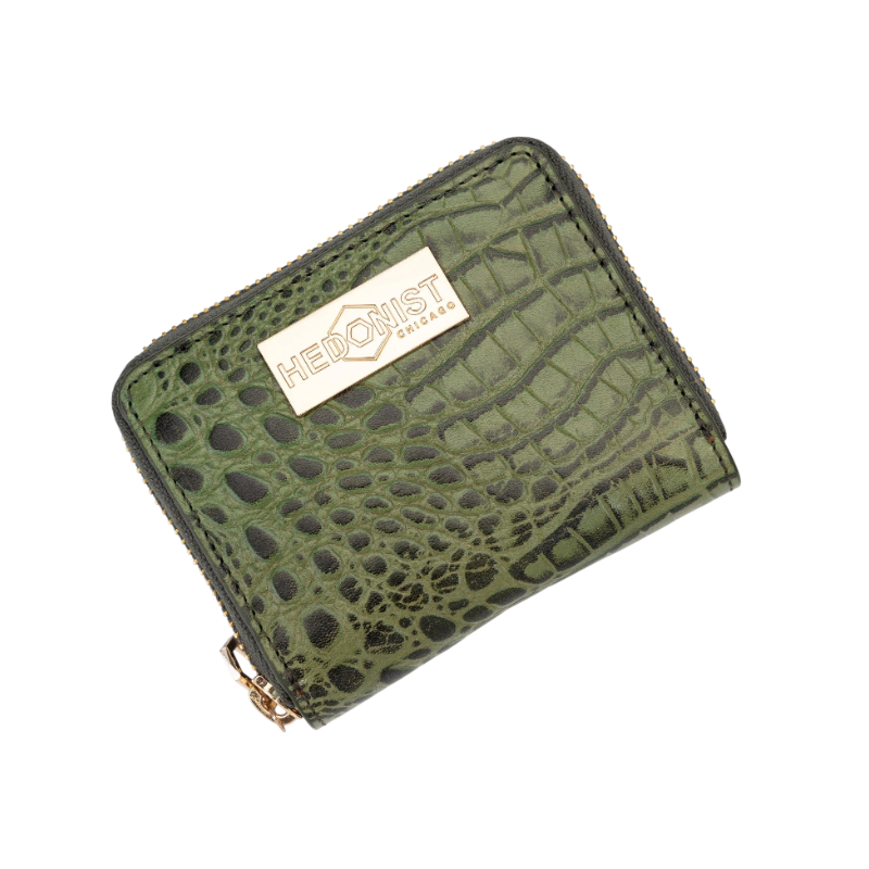 Green Women's Mini Zip Wallet in Croc-Embossed Leather from Hedonist Chicago