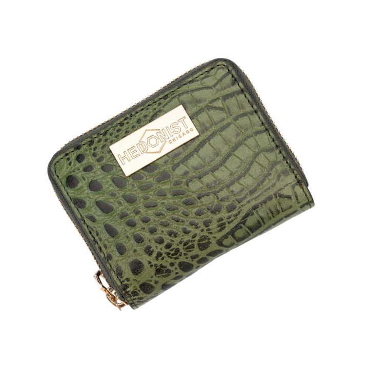 Green Women's Mini Zip Wallet in Croc-Embossed Leather from Hedonist Chicago
