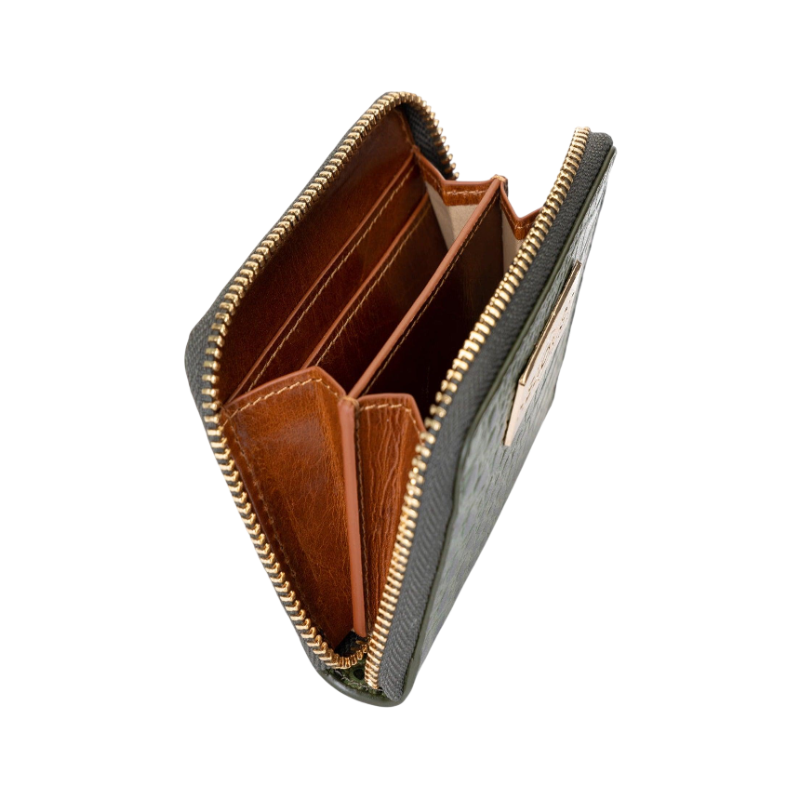 Small green croco-embossed zip wallet for women, brown leather interior view