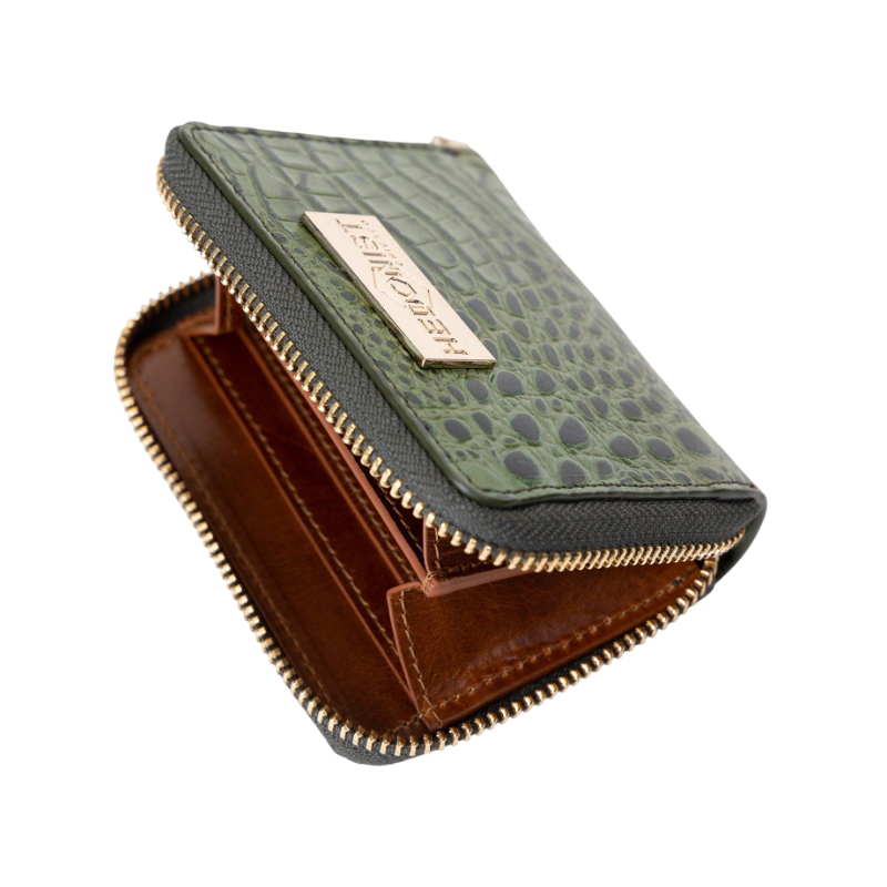 Small green croco-embossed zip wallet for women by Hedonist Chicago