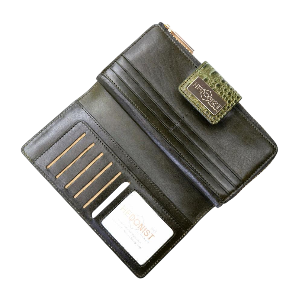 Light green leather keychain and croco green traveler wallet gift set by Hedonist Chicago
