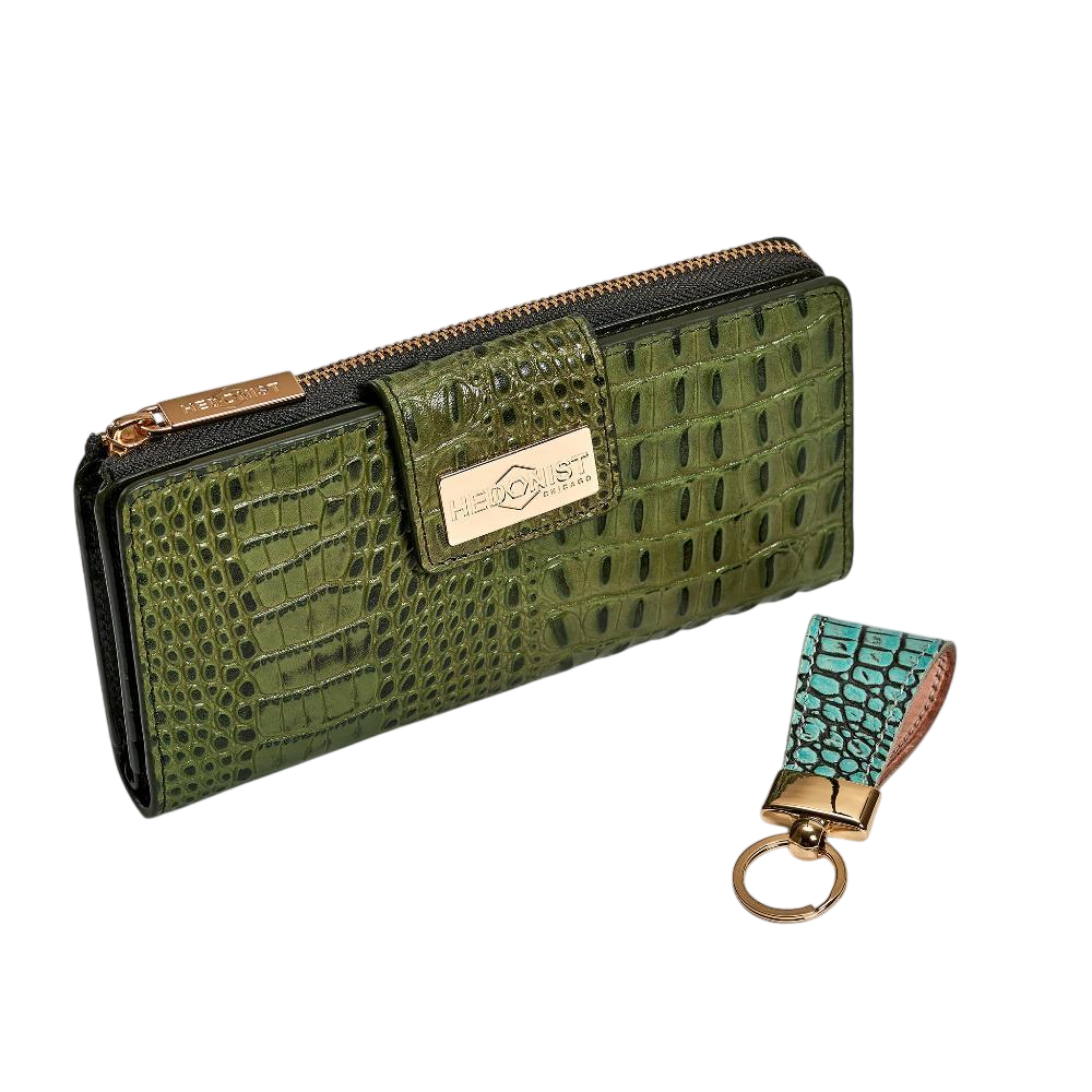 Light green leather keychain and croco green traveler wallet gift set - Hedonist Chicago
