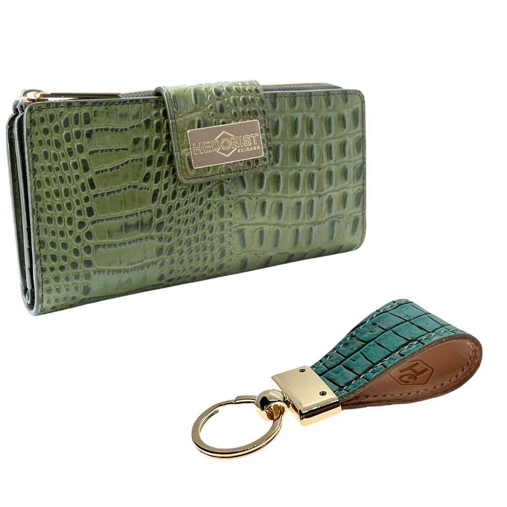 Light green leather keychain and croco green traveler wallet gift set, open display view