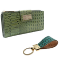 Light green leather keychain and croco green traveler wallet gift set, open display view