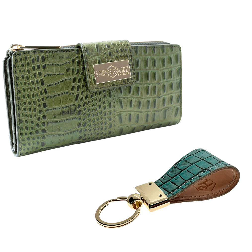 Light green leather keychain and croco green traveler wallet gift set, open display view