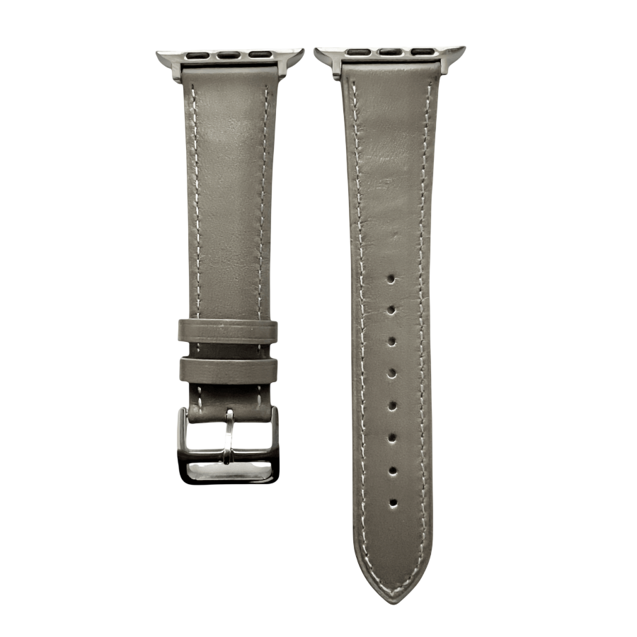 Grey leather Apple Watch band, two-piece strap with buckle and holes
