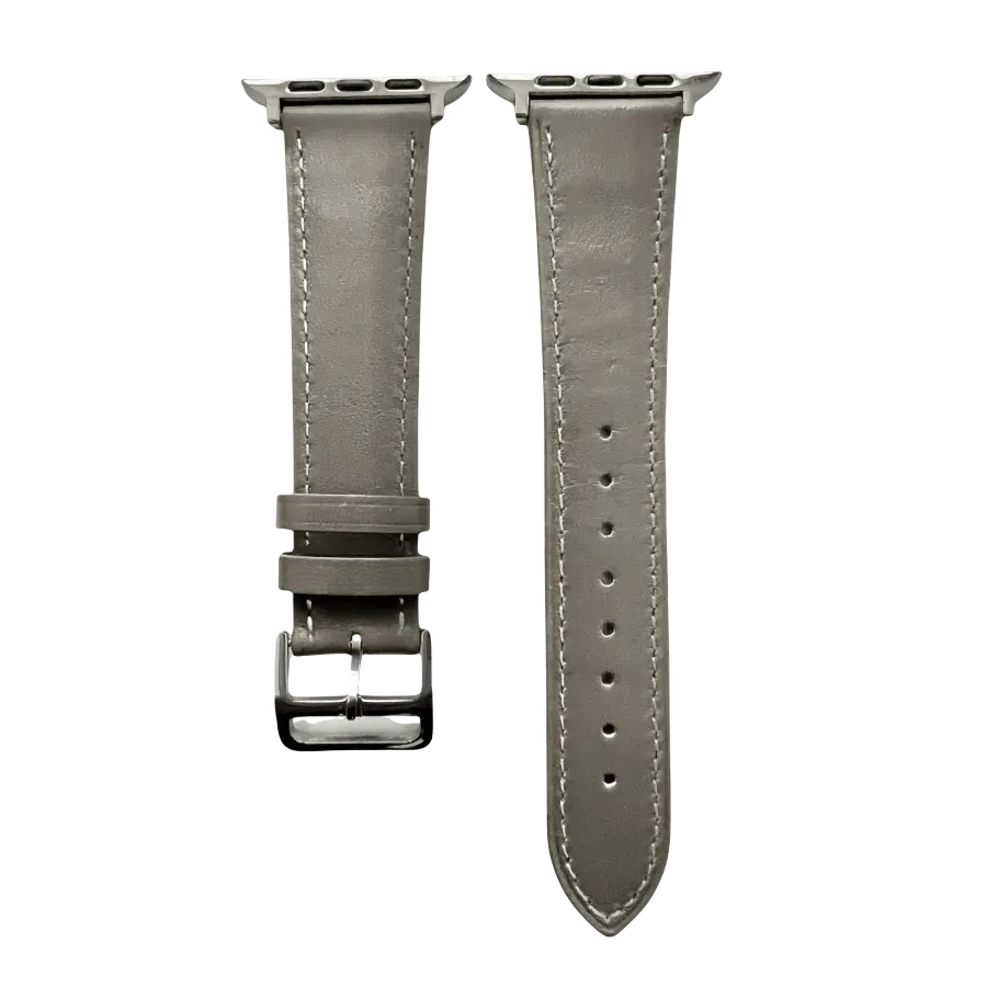 Grey leather Apple Watch band, two-piece strap with buckle and holes