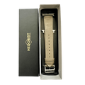 Grey leather Apple Watch band, presented in gift box