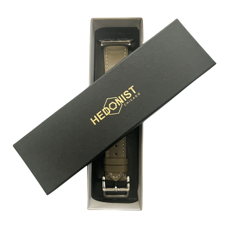 Grey leather Apple Watch band, packaging close-up