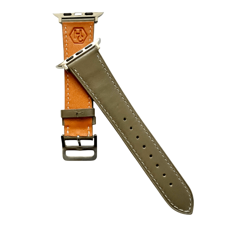 Grey leather Apple Watch band, side view with stainless steel lugs