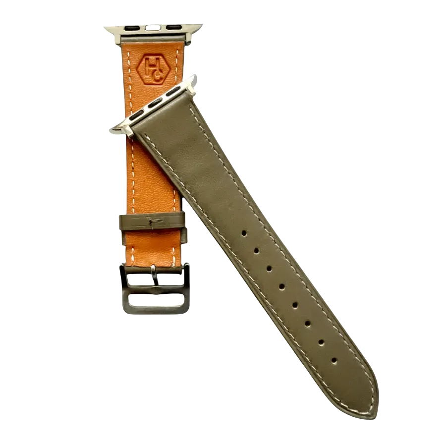 Grey leather Apple Watch band, side view with stainless steel lugs