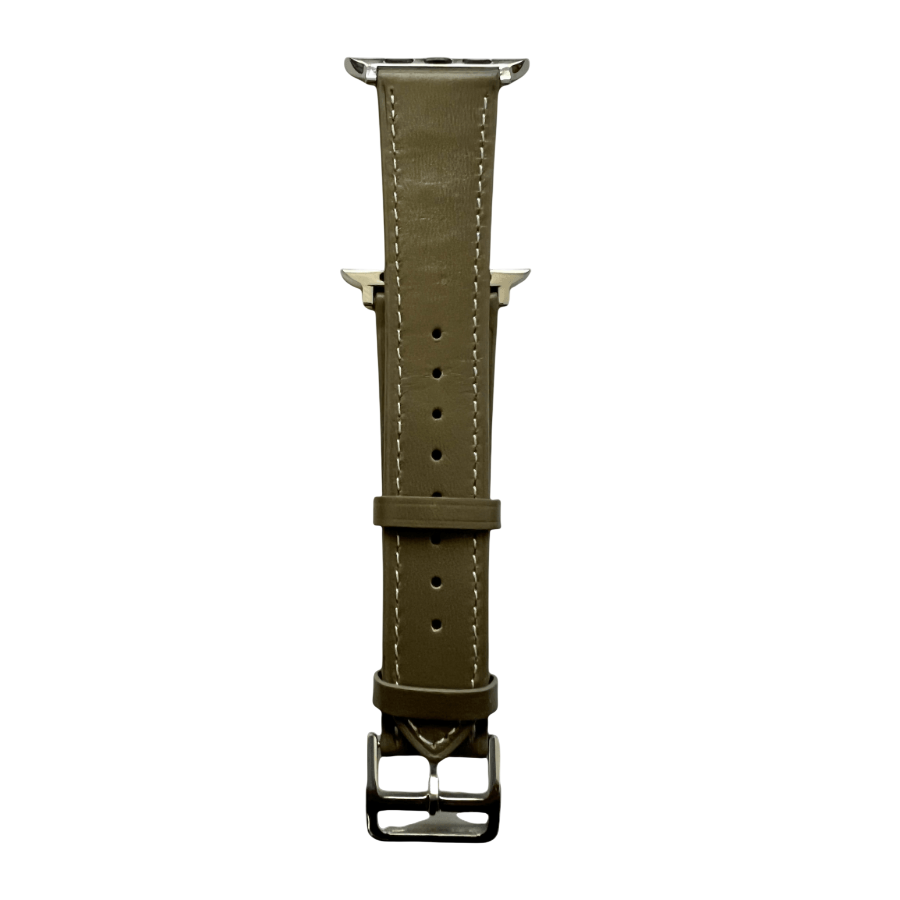Grey leather Apple Watch band, connector and stitching detail
