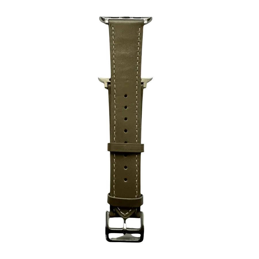 Grey leather Apple Watch band, connector and stitching detail