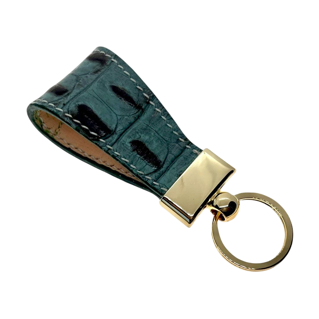 Grey leather key chain, full grain leather, angled view