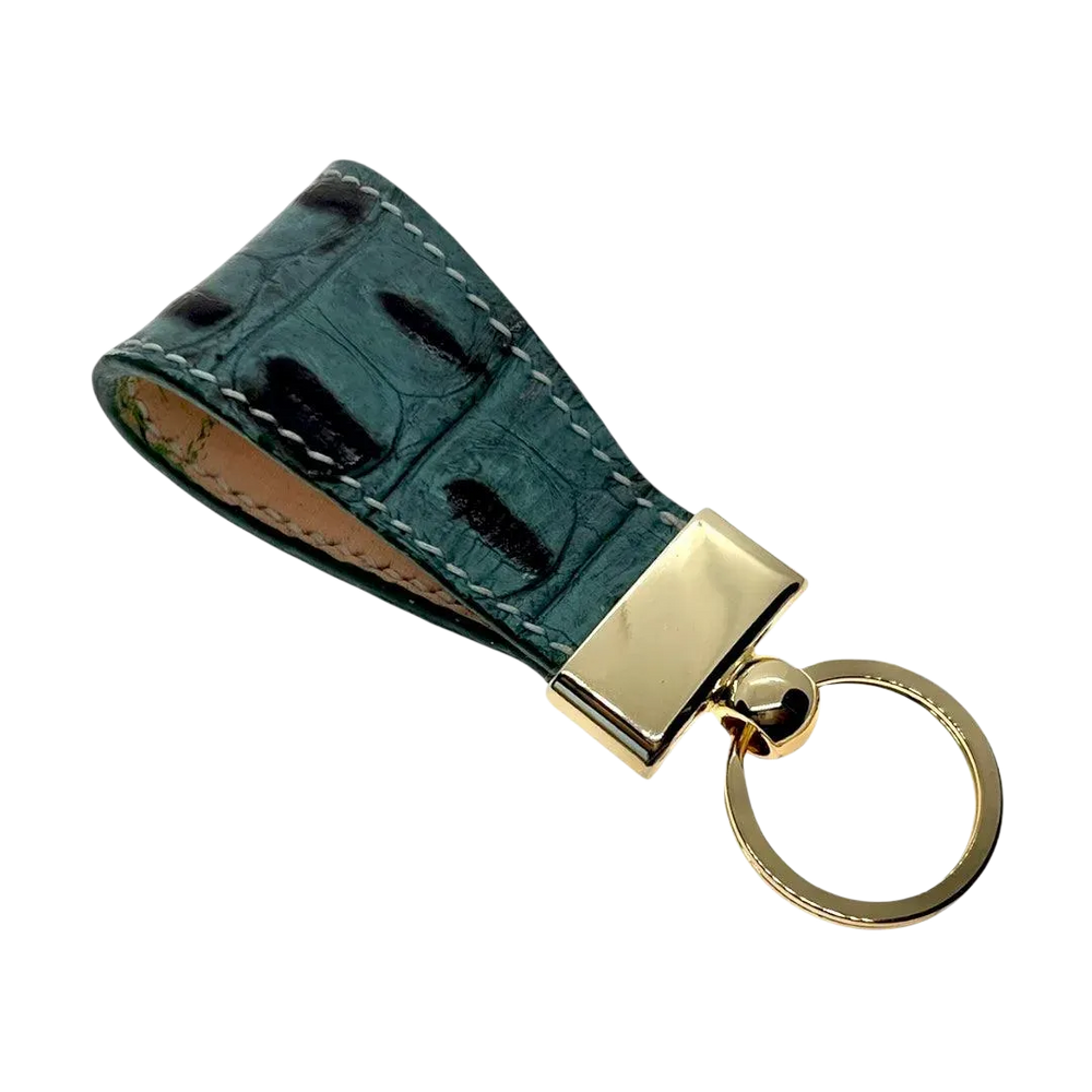 Grey leather key chain, full grain leather, angled view