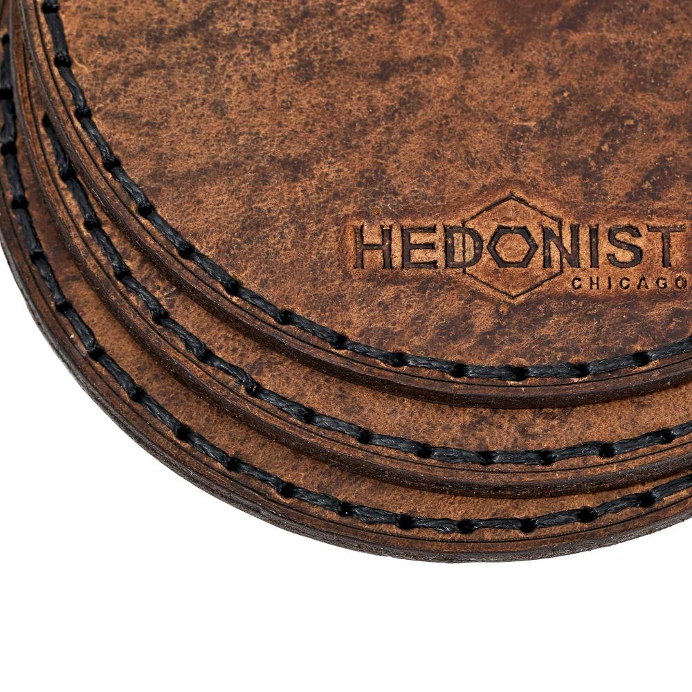 Handmade Leather Coaster Set Tan Pull Up Close | Hedonist Chicago