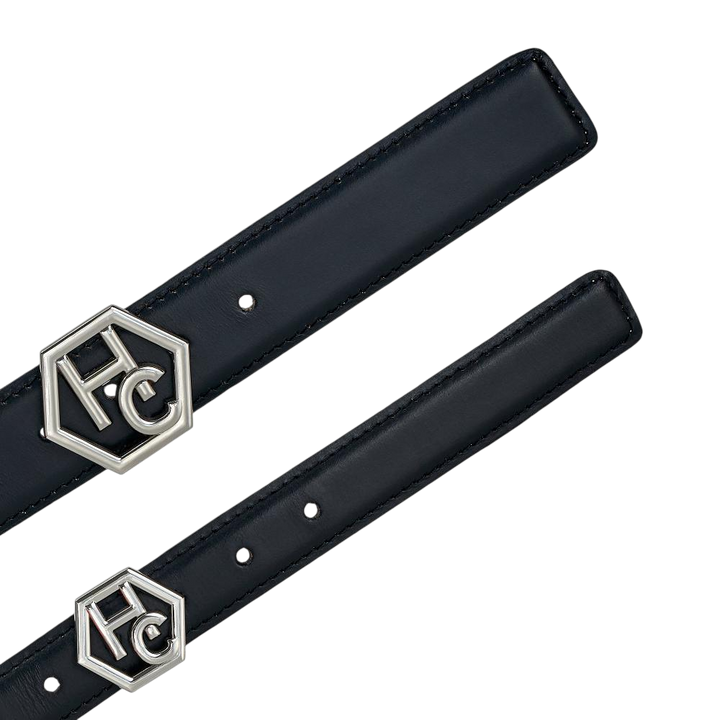 Buckle close-up on women's reversible design leather belt - black - Hedonist Chicago (1"/1.3", reversible with ivory)