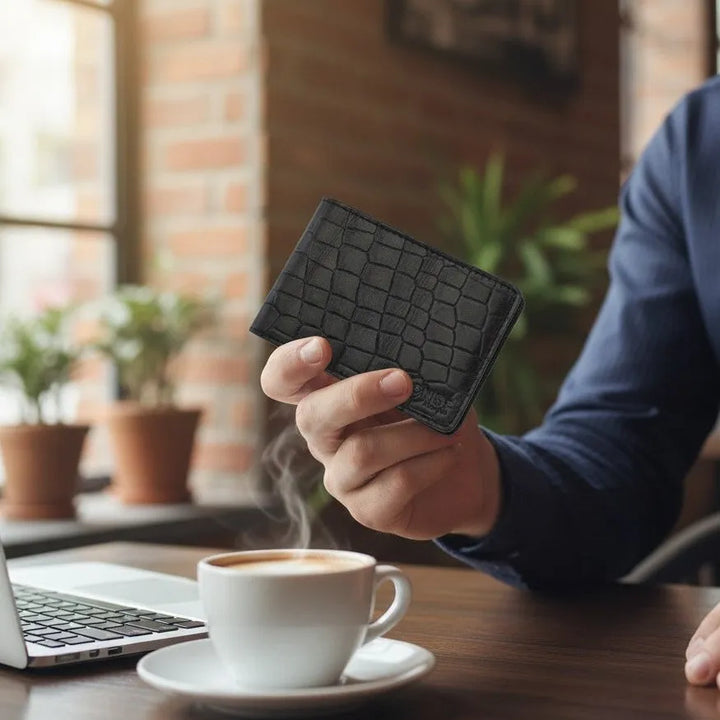 Men holding a textured black minimalist wallet with a cup of coffee and laptop on a table