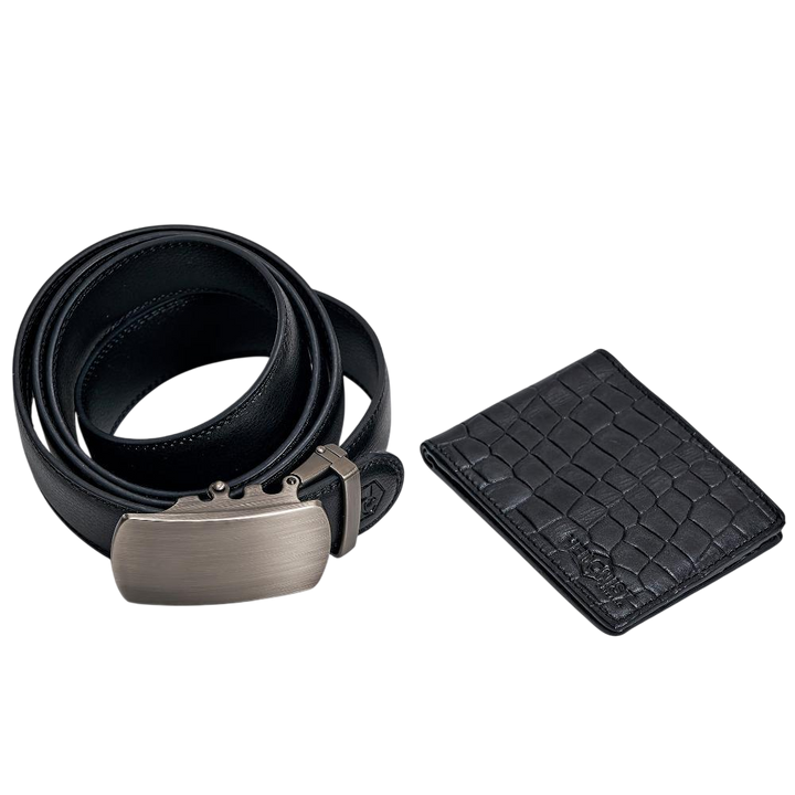 Ultra slim bifold wallet and black croc embossed leather belt set - Hedonist Chicago
