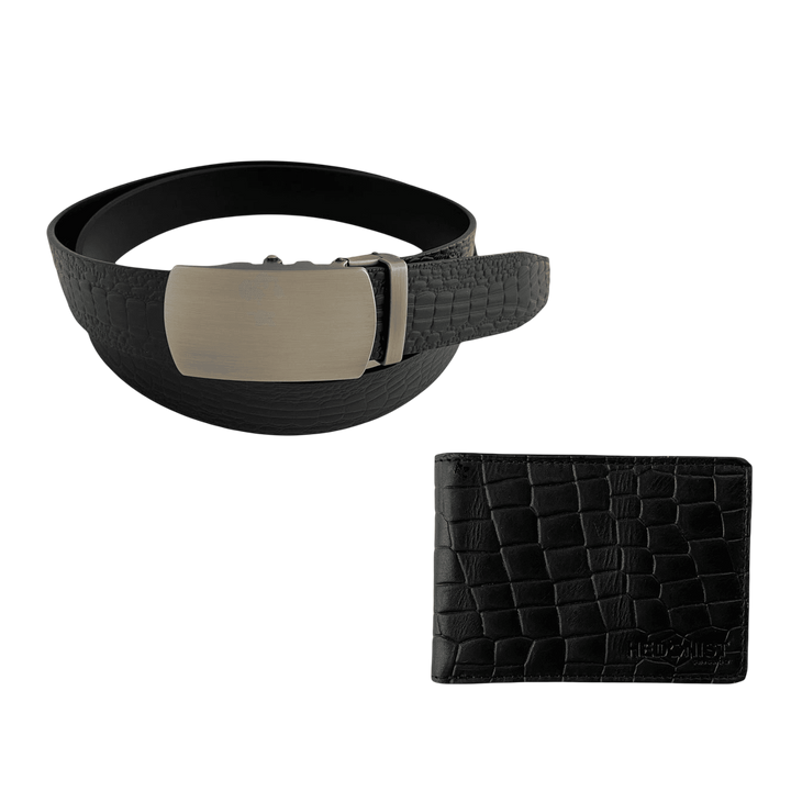 Ultra slim bifold wallet and black croc embossed leather belt set view 2 - Hedonist Chicago