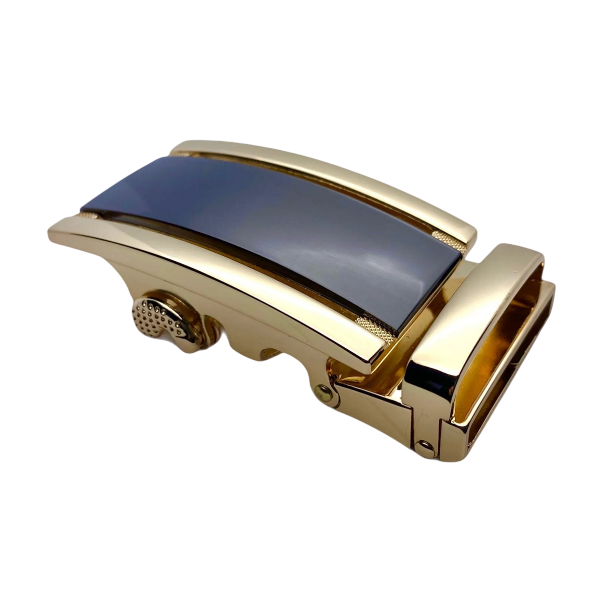 Black and gold ratchet buckle 1.38 inch angled profile photo | Hedonist Chicago