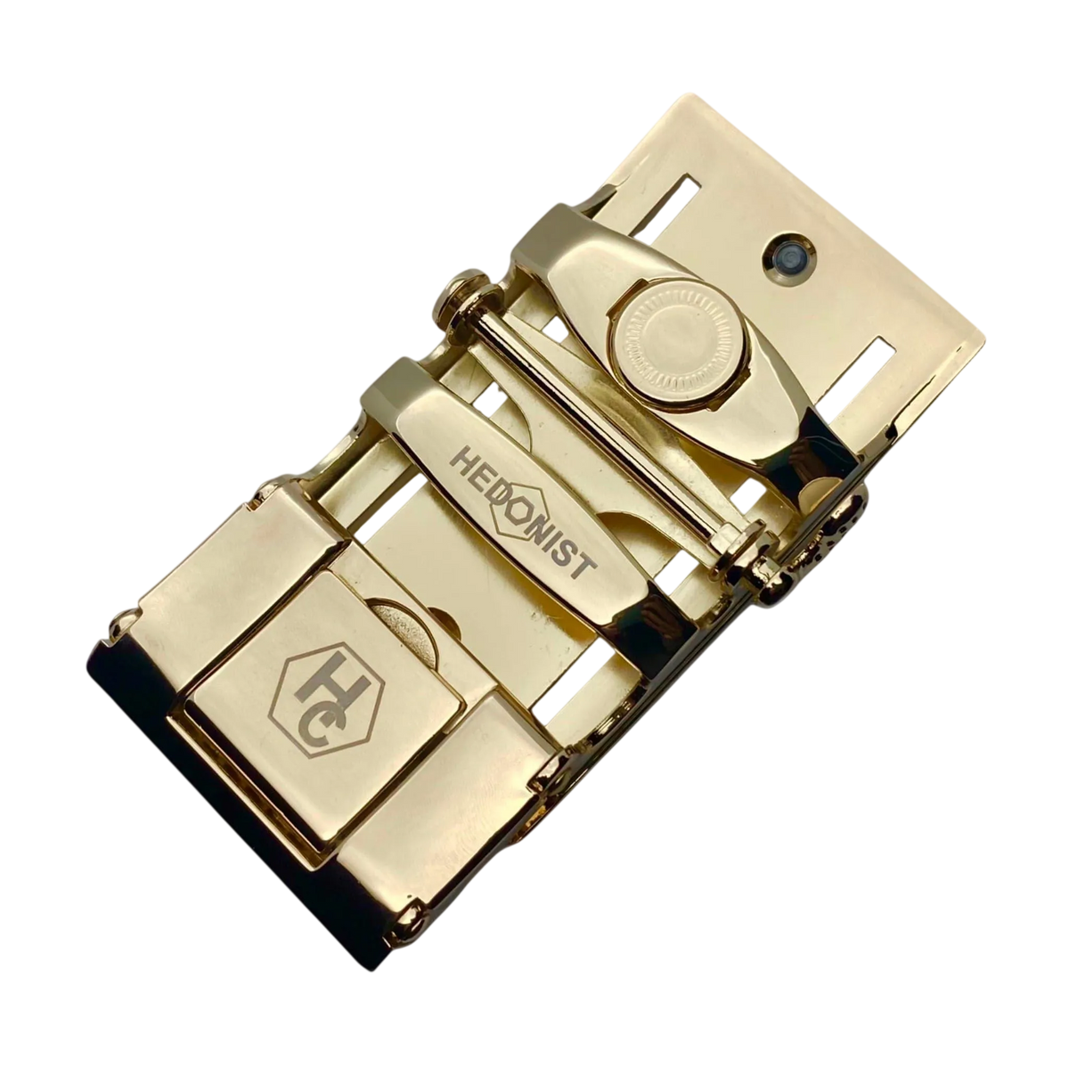 Black and gold ratchet buckle 1.38 inch back locking detail | Hedonist Chicago