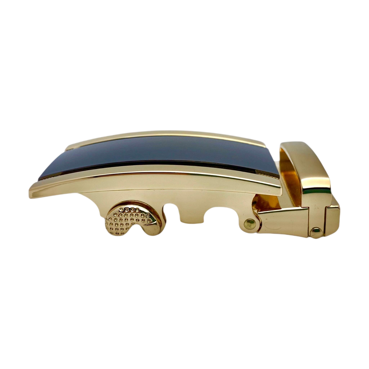 Black and gold ratchet buckle 1.38 inch polished edge detail | Hedonist Chicago