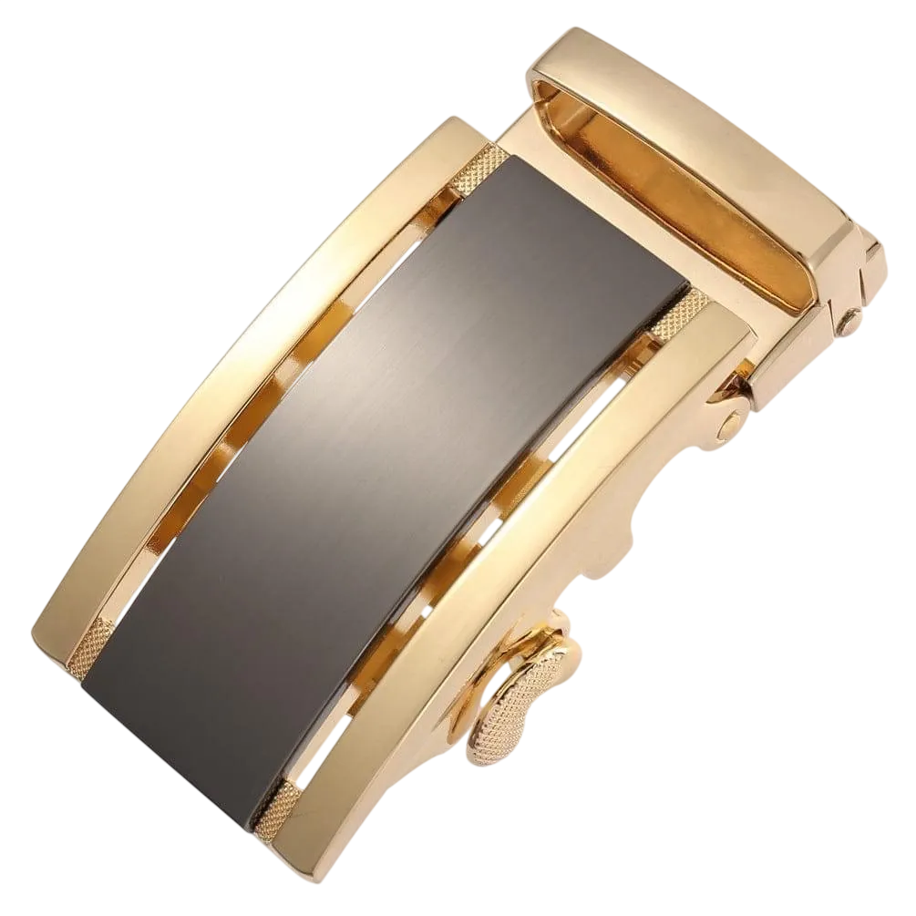 Black and gold ratchet belt buckle 1.38 inch elegant front view | Hedonist Chicago