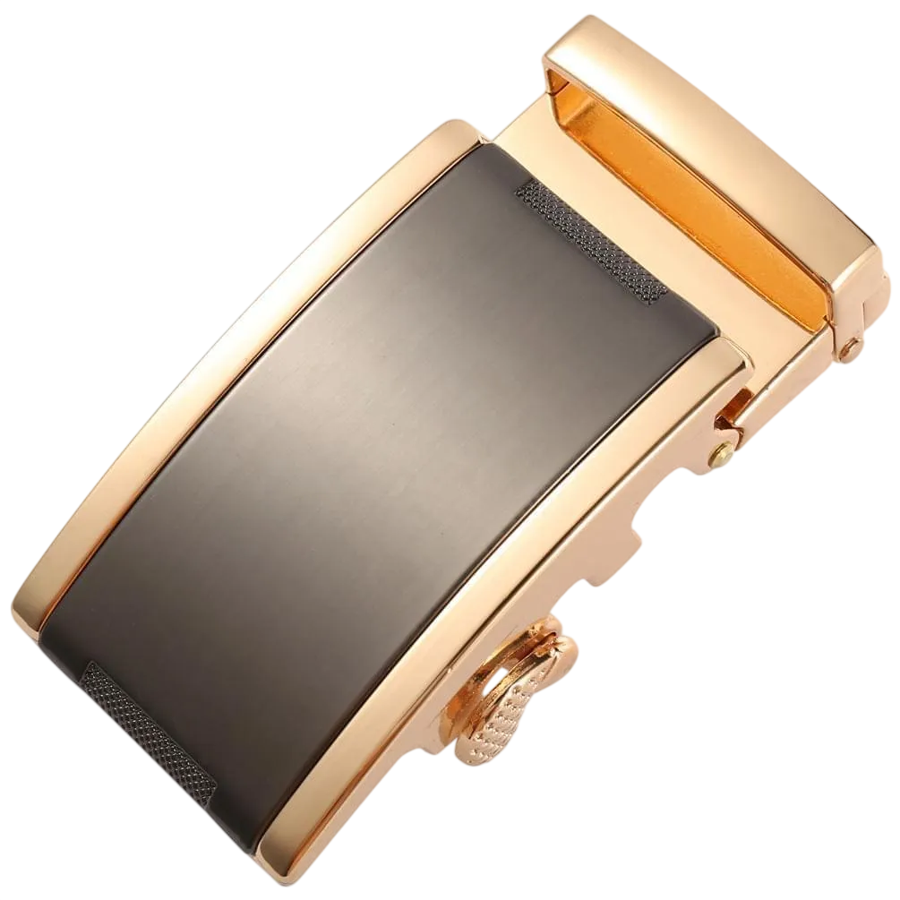 Plate black and gold ratchet belt buckle 1.38 inch stylish front view | Hedonist Chicago
