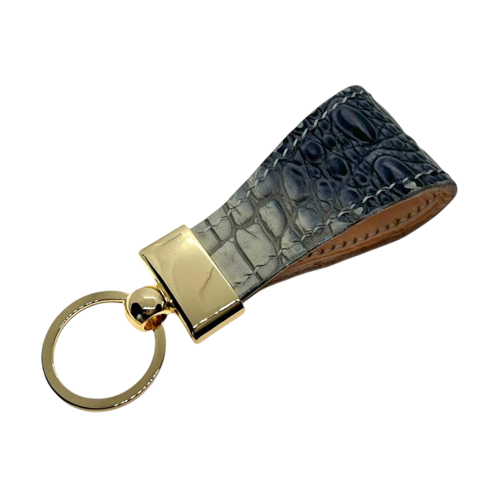 Hedonist Chicago black key chain in black, slim profile, full grain leather, angled view