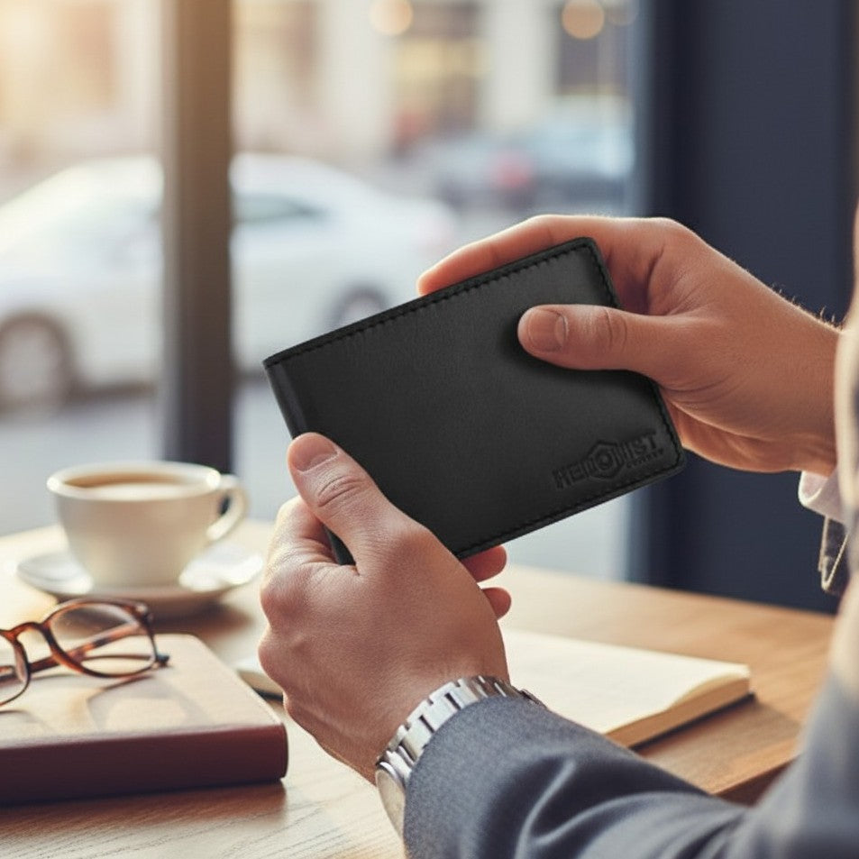 Person holding a black minimalist wallet with a blurred cafe background