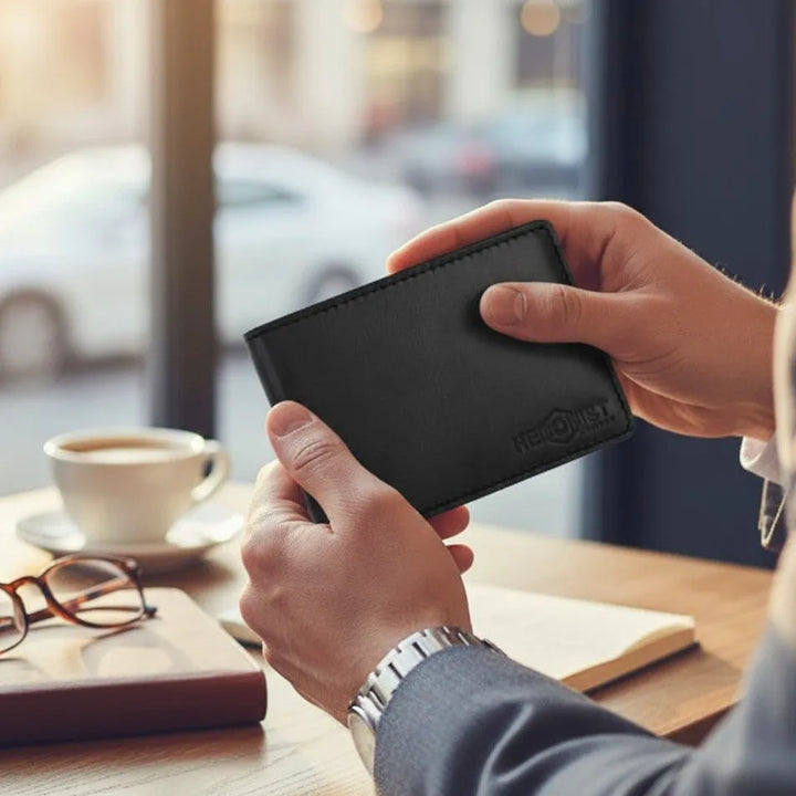 Person holding a black minimalist wallet with a blurred cafe background