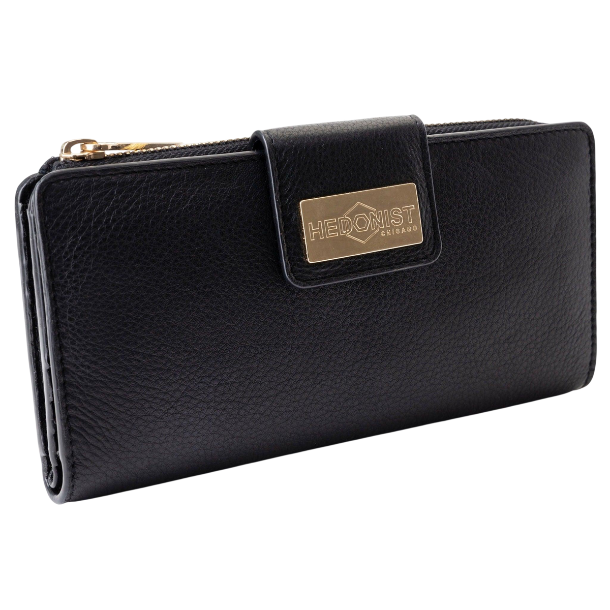 Black pebbled leather travel wallet for women with card slots